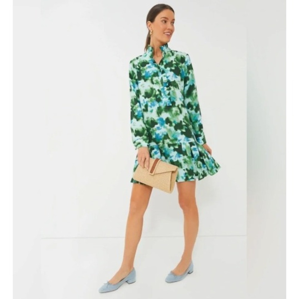 Tuckernuck DEEP LAGOON TATE DRESS Womens XXS Green Watercolor Coastal Linen NWOT